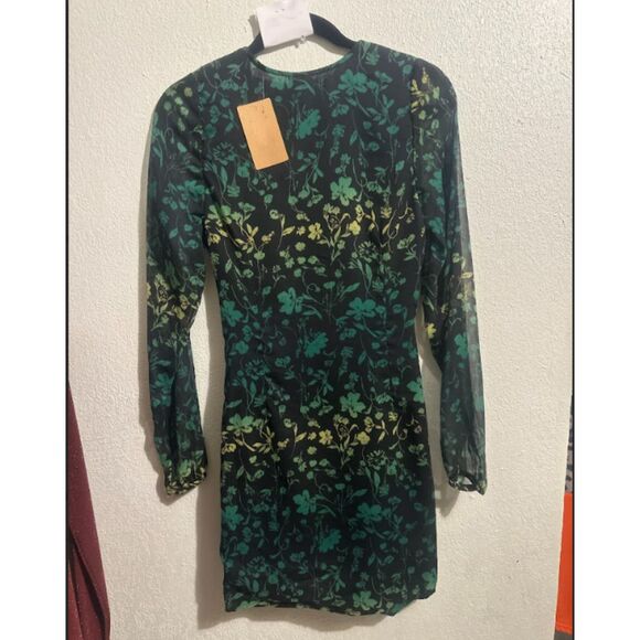 02 A New Day Green Floral Long Sleeve Mesh Ruched Mini Dress - Picture 3 of 4